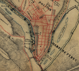 A map section from 1864, showing the factories along the rivers